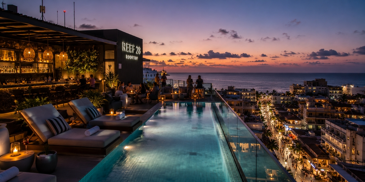 Rooftop-pool boutique adults-only hotel near Fifth Avenue in Playa del Carmen used for a Reef 28 comparison