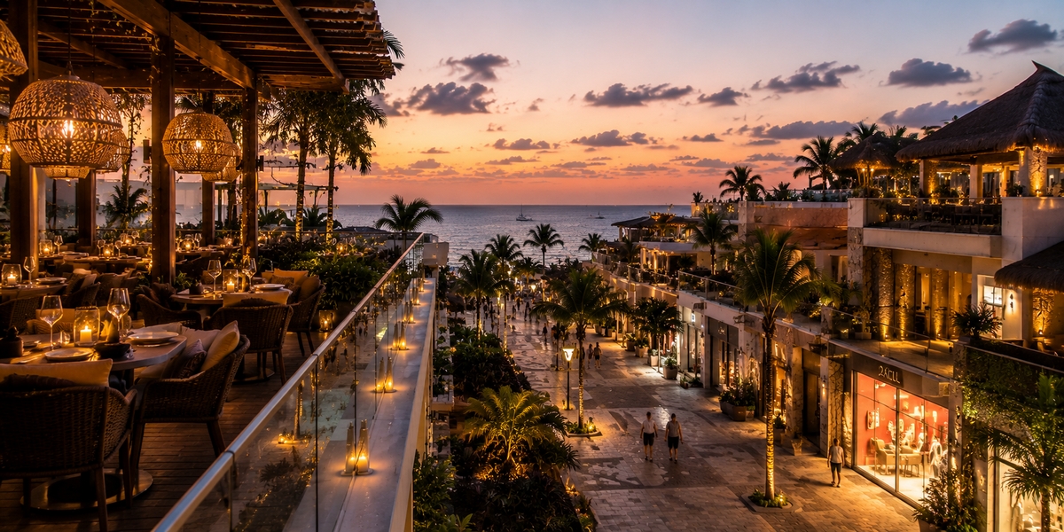 Pedestrian Fifth Avenue in Playa del Carmen with restaurants and shops near the beachfront resorts