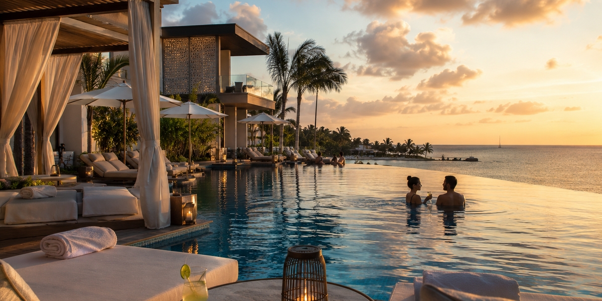 Adults-only resort pool and lounge area in Playa del Carmen at dusk