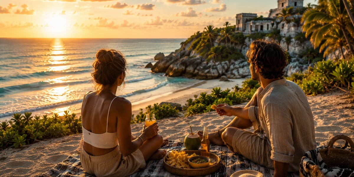 Intimate adults-only suite terrace and pool at a Playa Mujeres resort in the evening