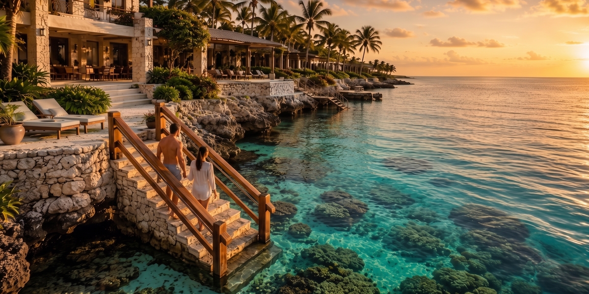 Cozumel leeward coast shoreline showing flat limestone ironshore and a resort swim ladder into clear reef water