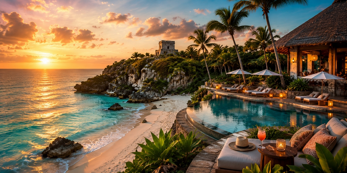 Tulum Town street with boutique hotel frontage and walkable sidewalks near Avenida Tulum