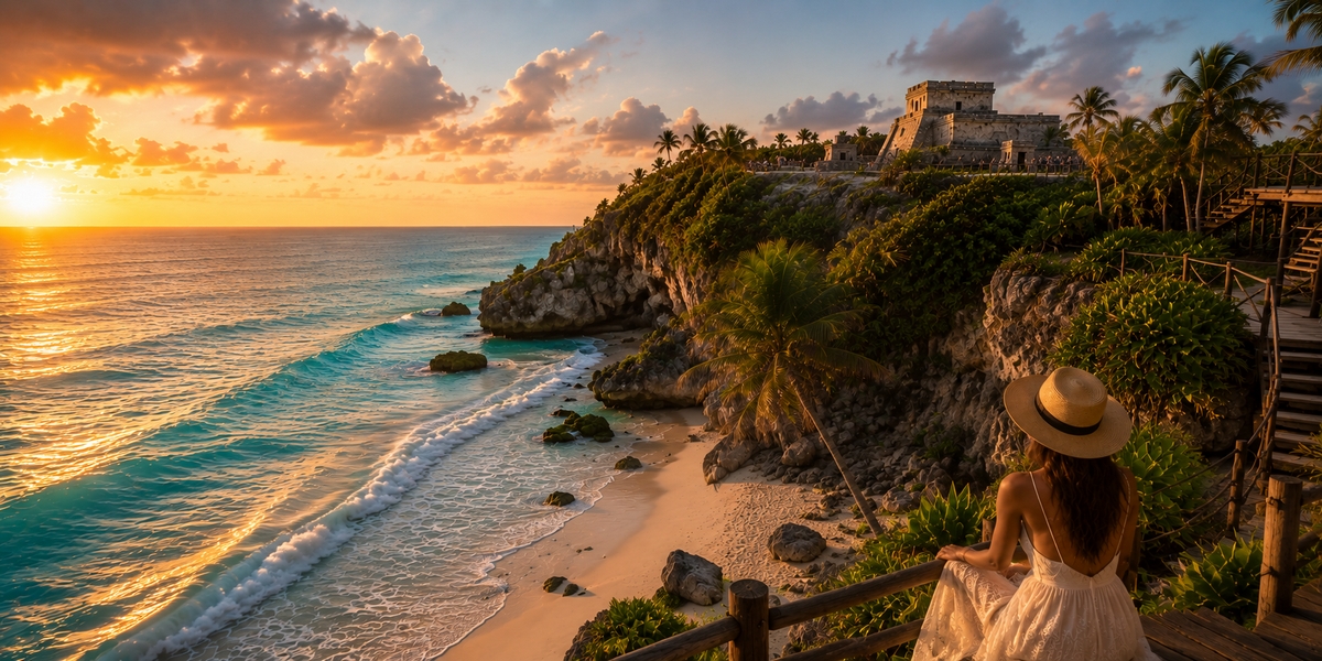 Evening on Avenida Tulum with restaurants and pedestrians near a town boutique hotel