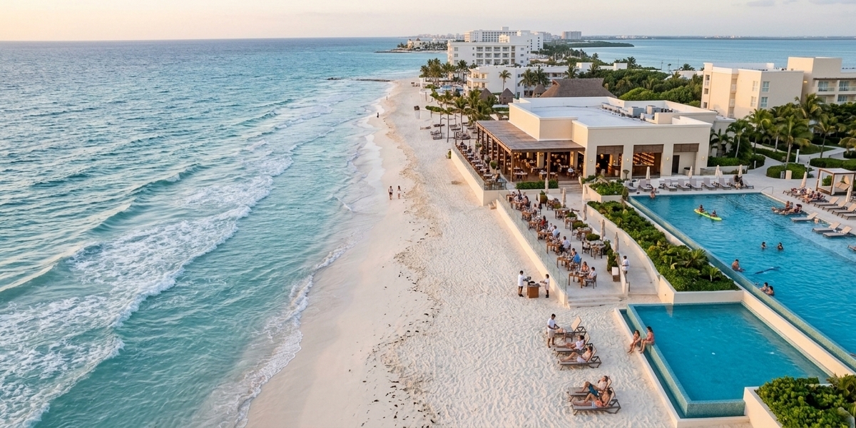 Calm northern bay beach in the Cancun Hotel Zone in front of value all-inclusive resorts