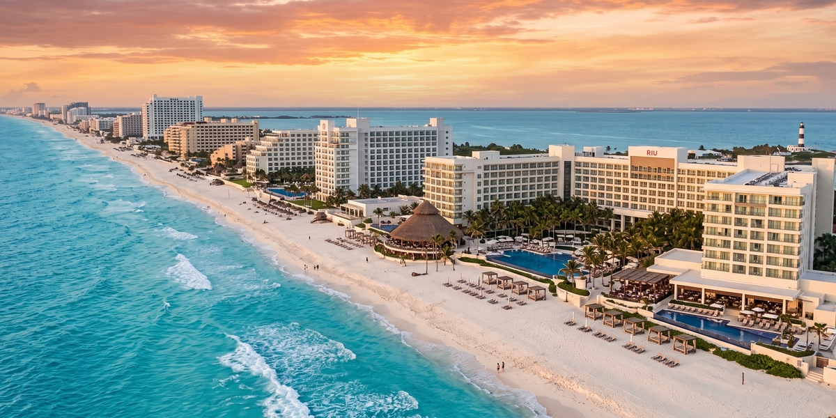 Cancun Hotel Zone shoreline at sunset showing the strip of budget and value all-inclusive resorts