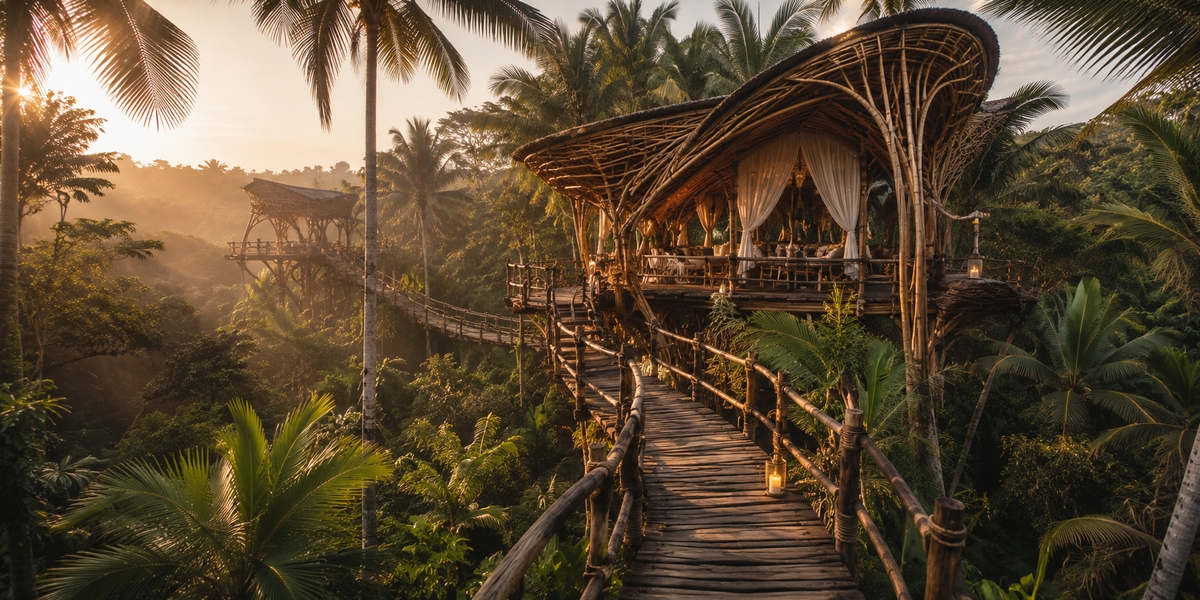Azulik-style Tulum eco-resort treehouse architecture over the jungle, an example of a full-detox stay