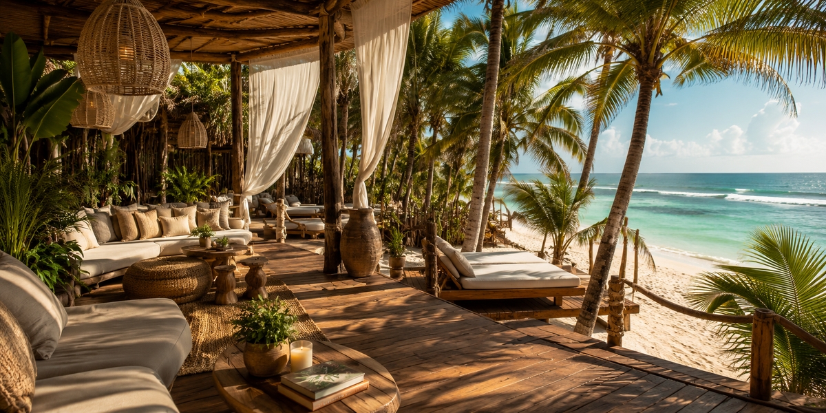 Nomade-style Tulum wellness eco-resort with pool and beachfront lounge, an example of eco with comfort