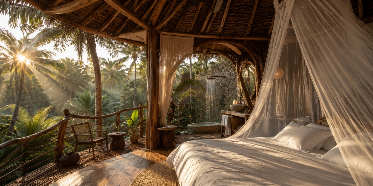 Open-air Tulum eco-resort room with mosquito net and jungle setting showing sustainable design