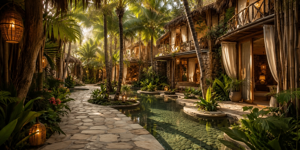 Tulum eco-resort pool surrounded by jungle, showing a comfort-focused sustainable stay