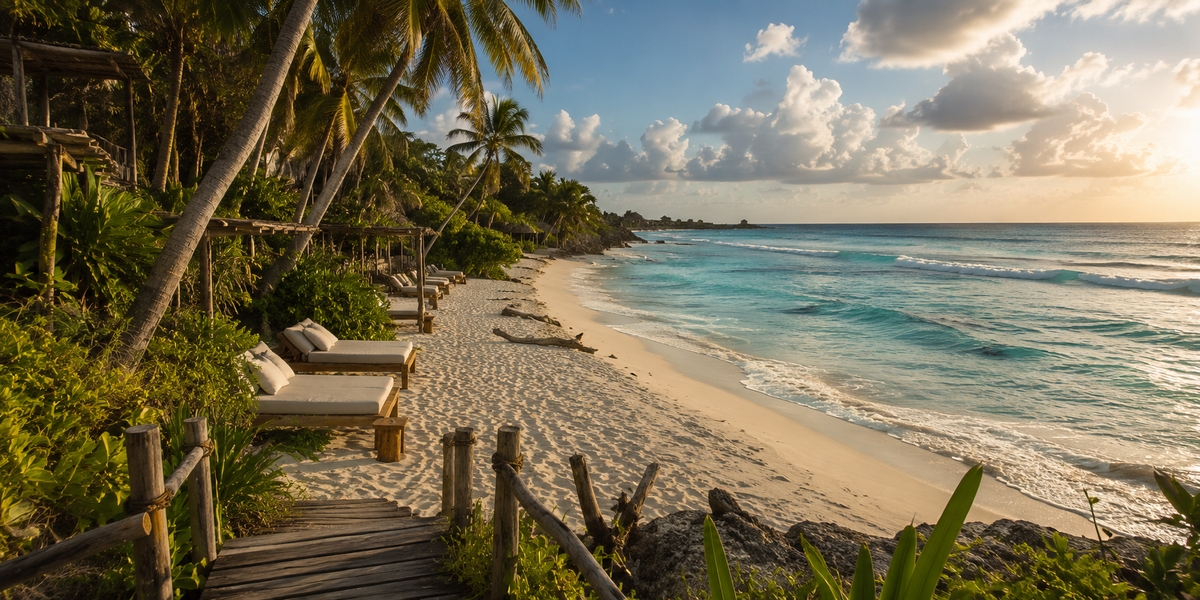 Tulum beach road with jungle on one side, illustrating the remote setting of eco-resorts