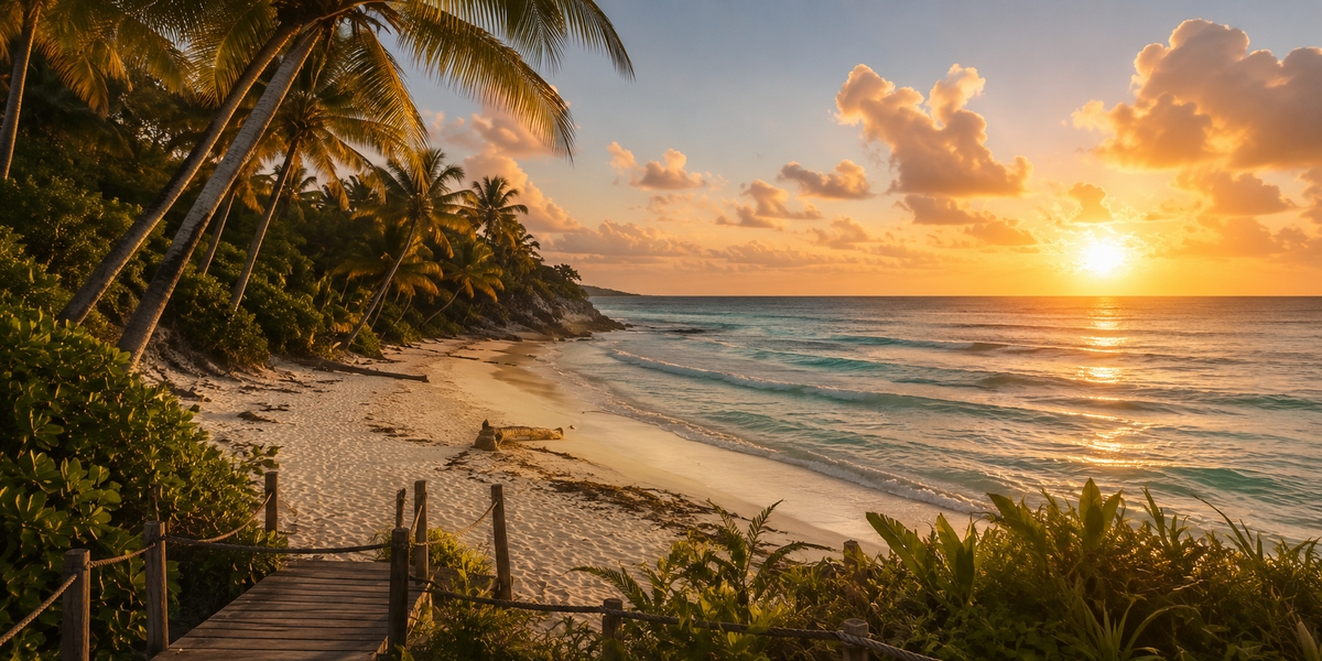 Tulum beach in front of an eco-resort with natural vegetation, showing real beach conditions