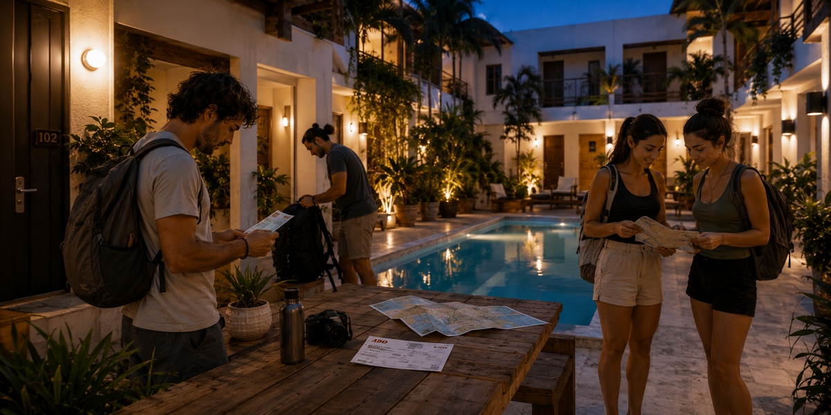 Calm courtyard of a downtown Cancun hostel near the bus station