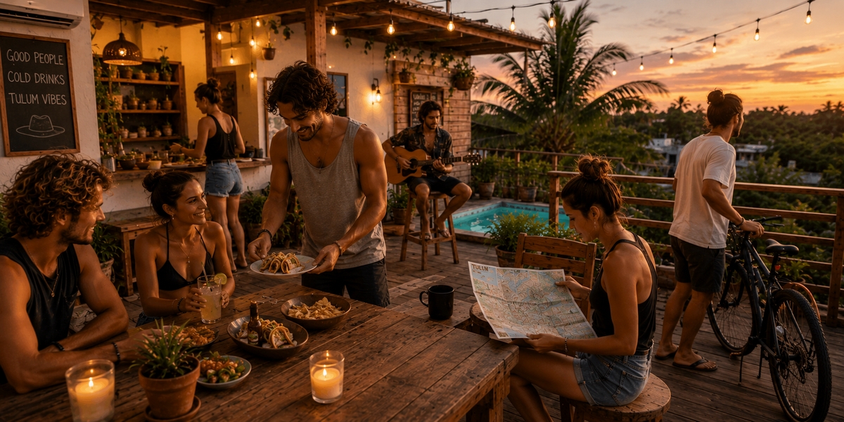 Rooftop bar of a budget hostel in Tulum Town