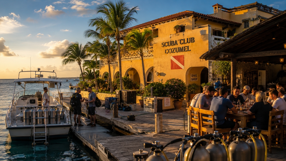 Waterfront dive lodge visual used for the Scuba Club Cozumel comparison