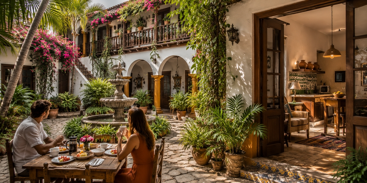 Traditional hacienda courtyard hotel visual used for the Hacienda San Miguel comparison