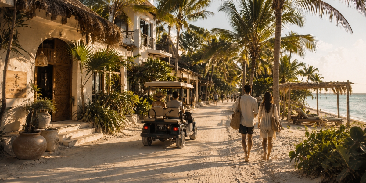 Golf-cart taxi passing beachfront hotels on a sandy Holbox street