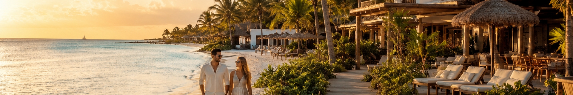 Beachfront palapa hotels and shallow lagoon water on Holbox Island at golden hour