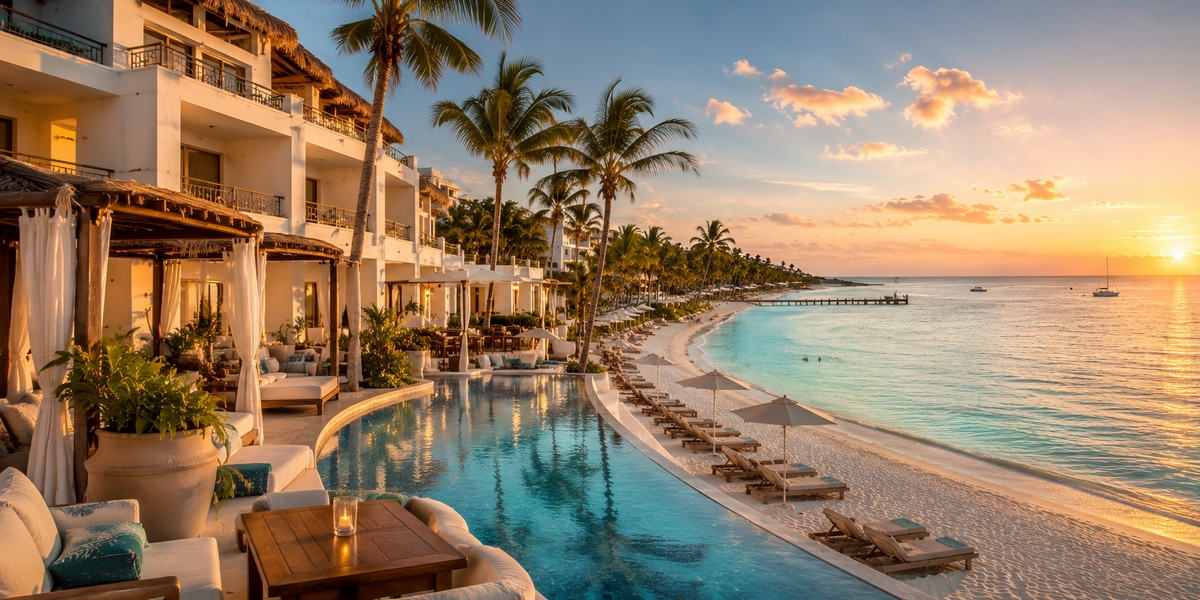 Family resort visual on its own islet at the north tip of Isla Mujeres