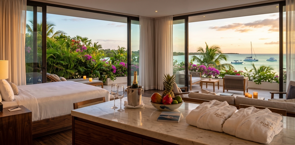 Lagoon-side luxury boutique resort visual on the west shore of Isla Mujeres