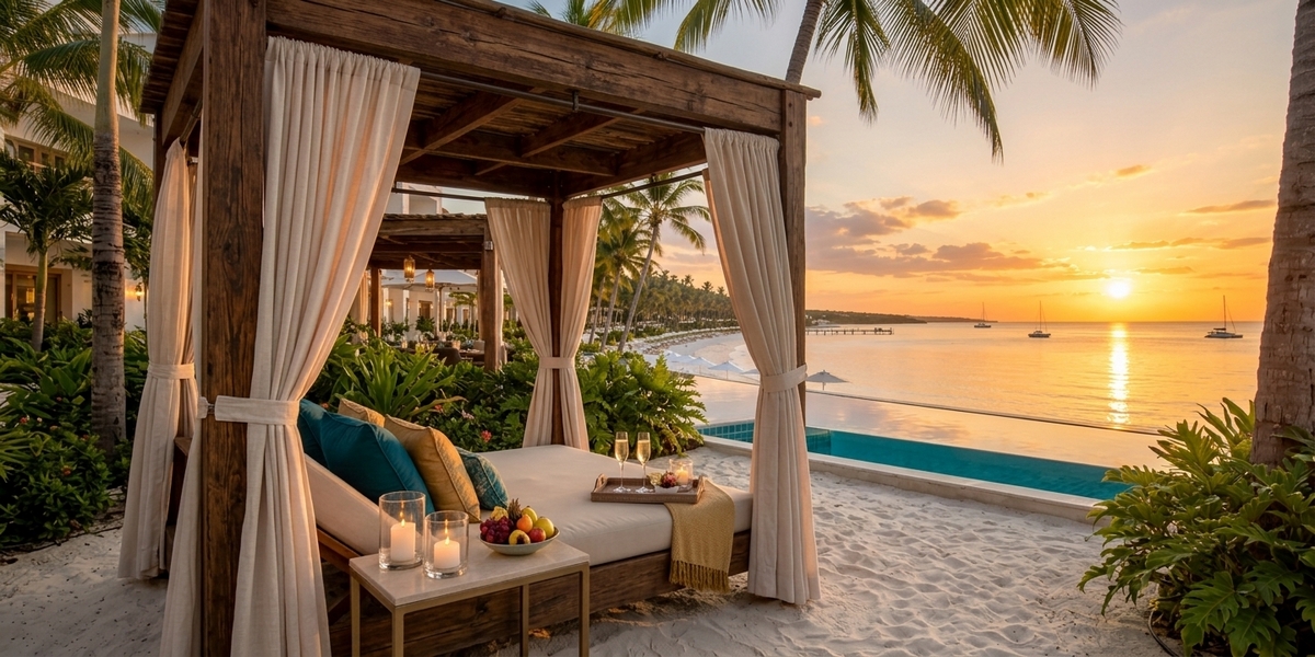 Wide soft sand and beach loungers near the north-tip hotels of Isla Mujeres at golden hour