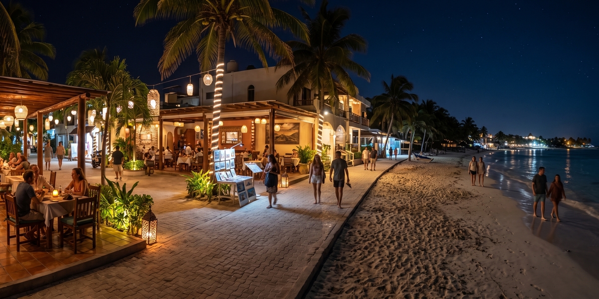 Golf carts and a walkable evening street scene in El Centro, Isla Mujeres, after the day boats leave