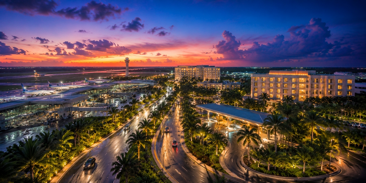 Covered walkway and access road linking Cancun airport terminals to nearby hotels at night