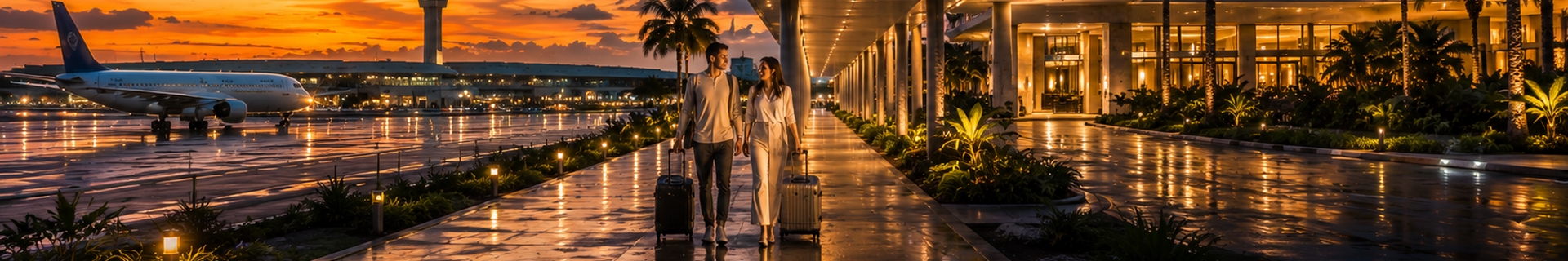 Hotel near Cancun airport lit up at night for travelers with a late arrival or early morning flight