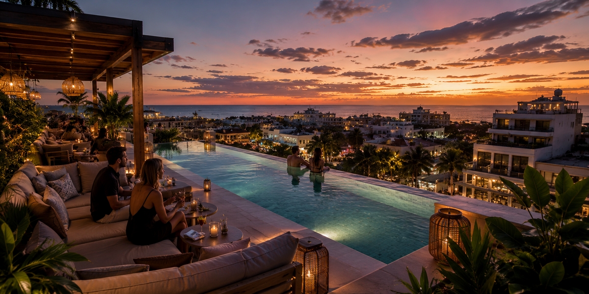 Rooftop pool at a design boutique hotel above Fifth Avenue in Playa del Carmen
