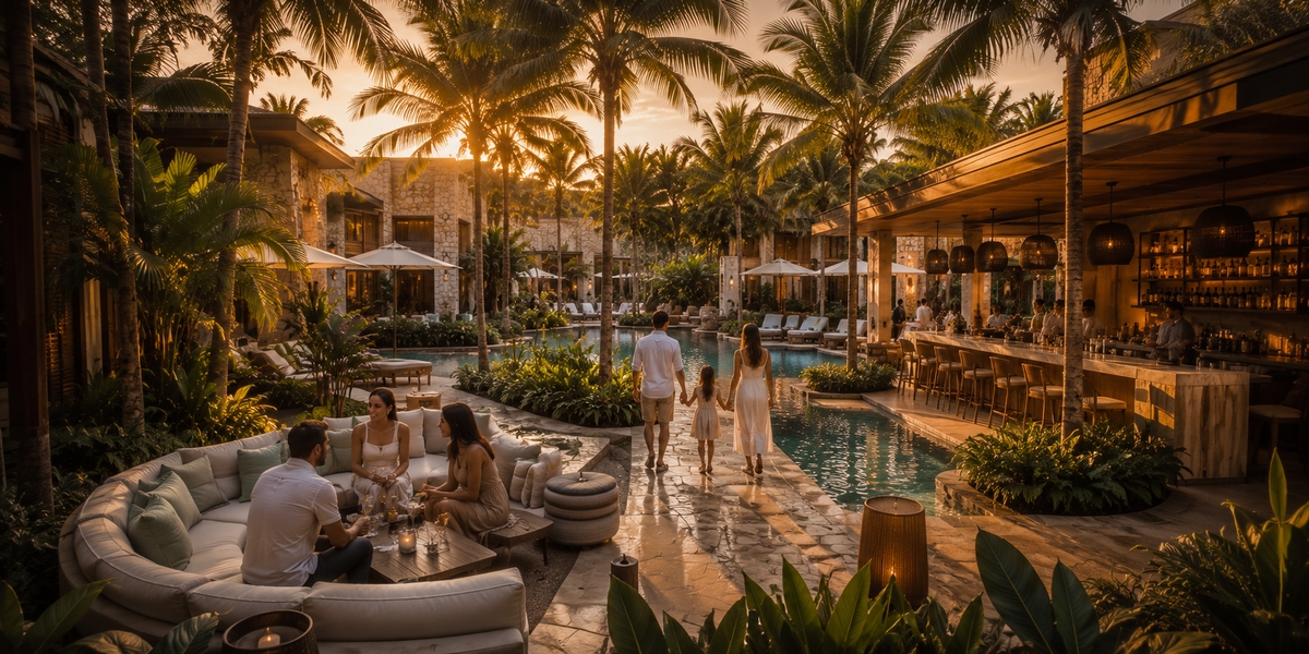 Fairmont and Andaz Mayakoba resort grounds and canal in Riviera Maya for a luxury family or social stay