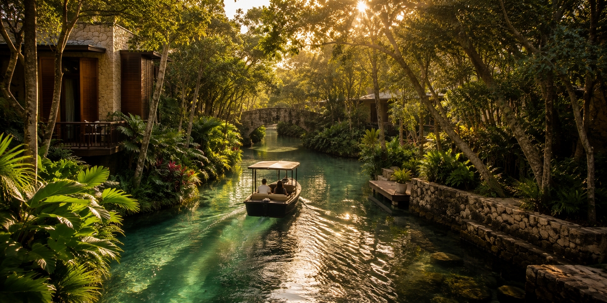 Freshwater canal and mangrove channel in a gated Riviera Maya luxury reserve reached by electric boat