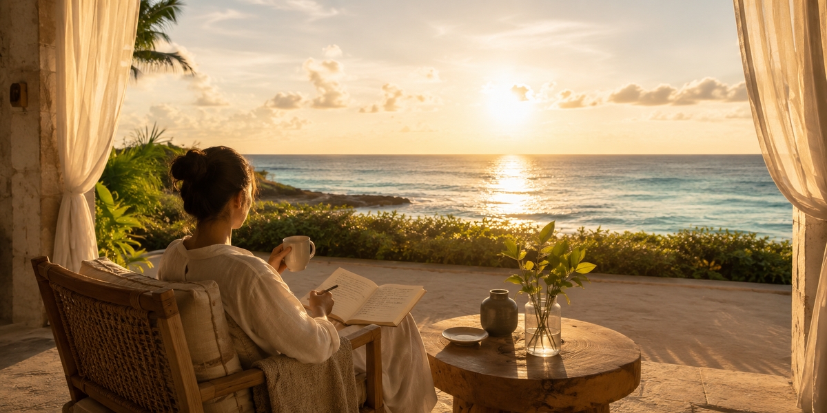 Quiet à la carte restaurant terrace at a service-led Riviera Maya luxury resort with few guests