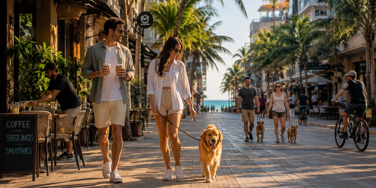 Person walking a dog on a leash along a walkable street near the beach in Playa del Carmen
