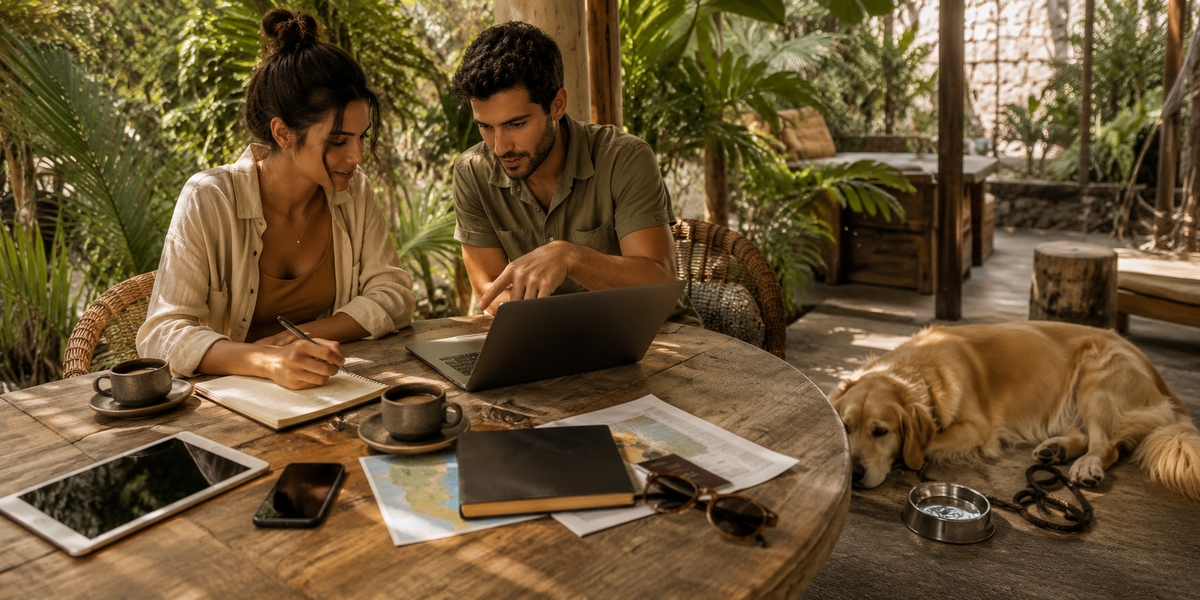 Small dog beside a suitcase and travel documents while owner prepares to check in
