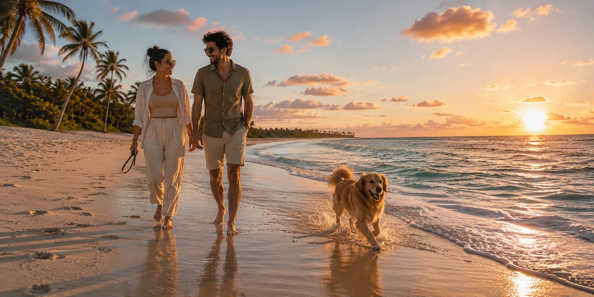 Dog and owner relaxing in the shade near the water in the early evening in the Mexican Caribbean