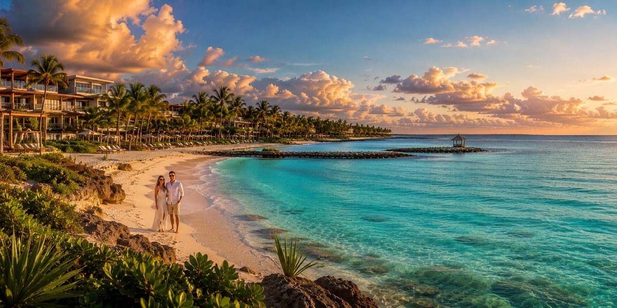 A sheltered, north-facing Cancun-area bay beach with calm clear water, illustrating how coastline orientation lowers seaweed risk