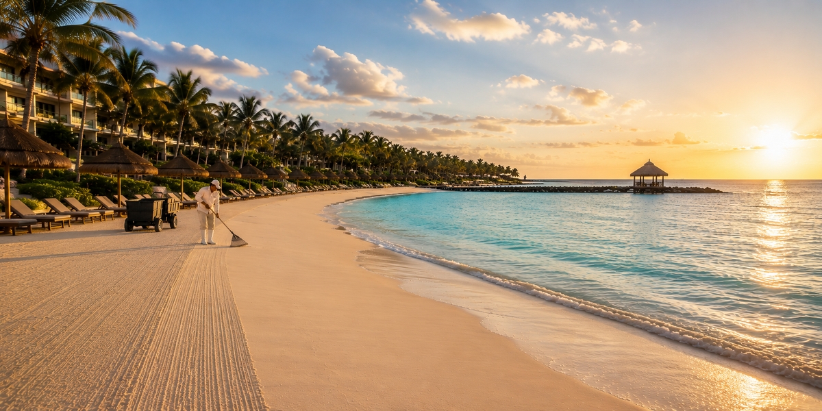 Resort beach crew raking sargassum from the sand at dawn, showing how large resorts manage what does wash ashore