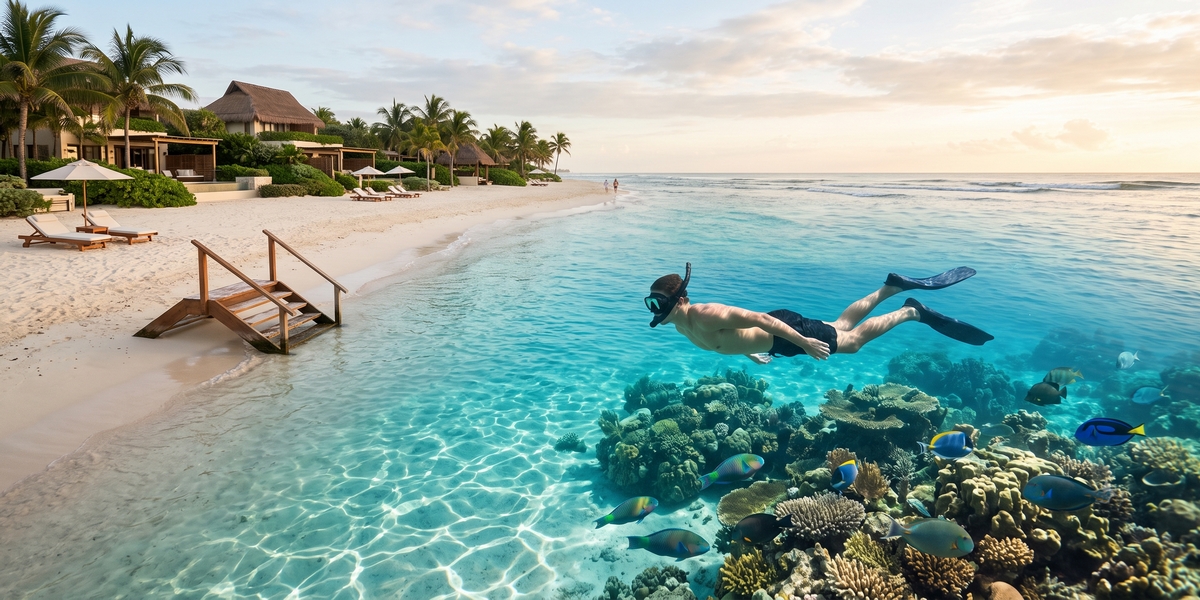 Turquoise water near a Riviera Maya resort beach with reef visible below the surface