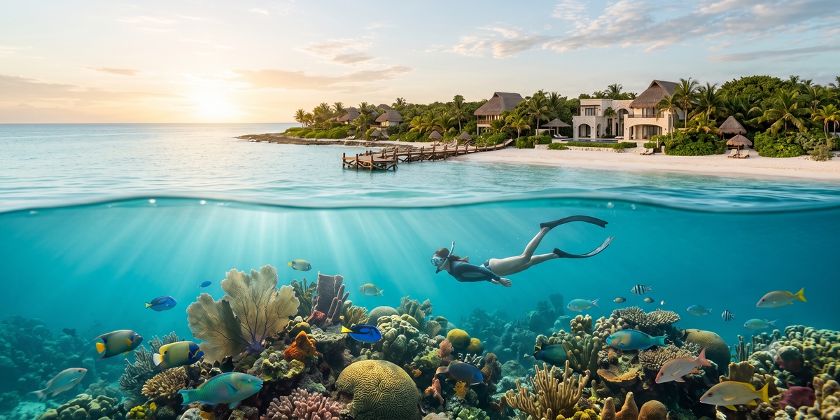 Snorkeler near a reef formation with tropical fish in clear Caribbean water
