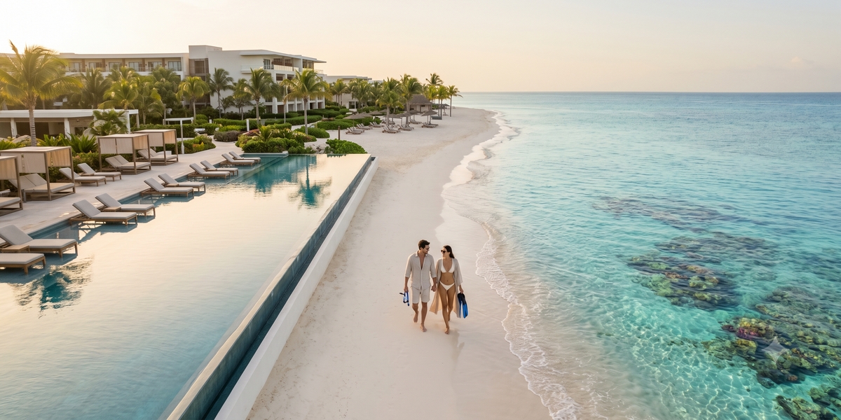 Large resort pool area near Puerto Morelos reef with ocean views