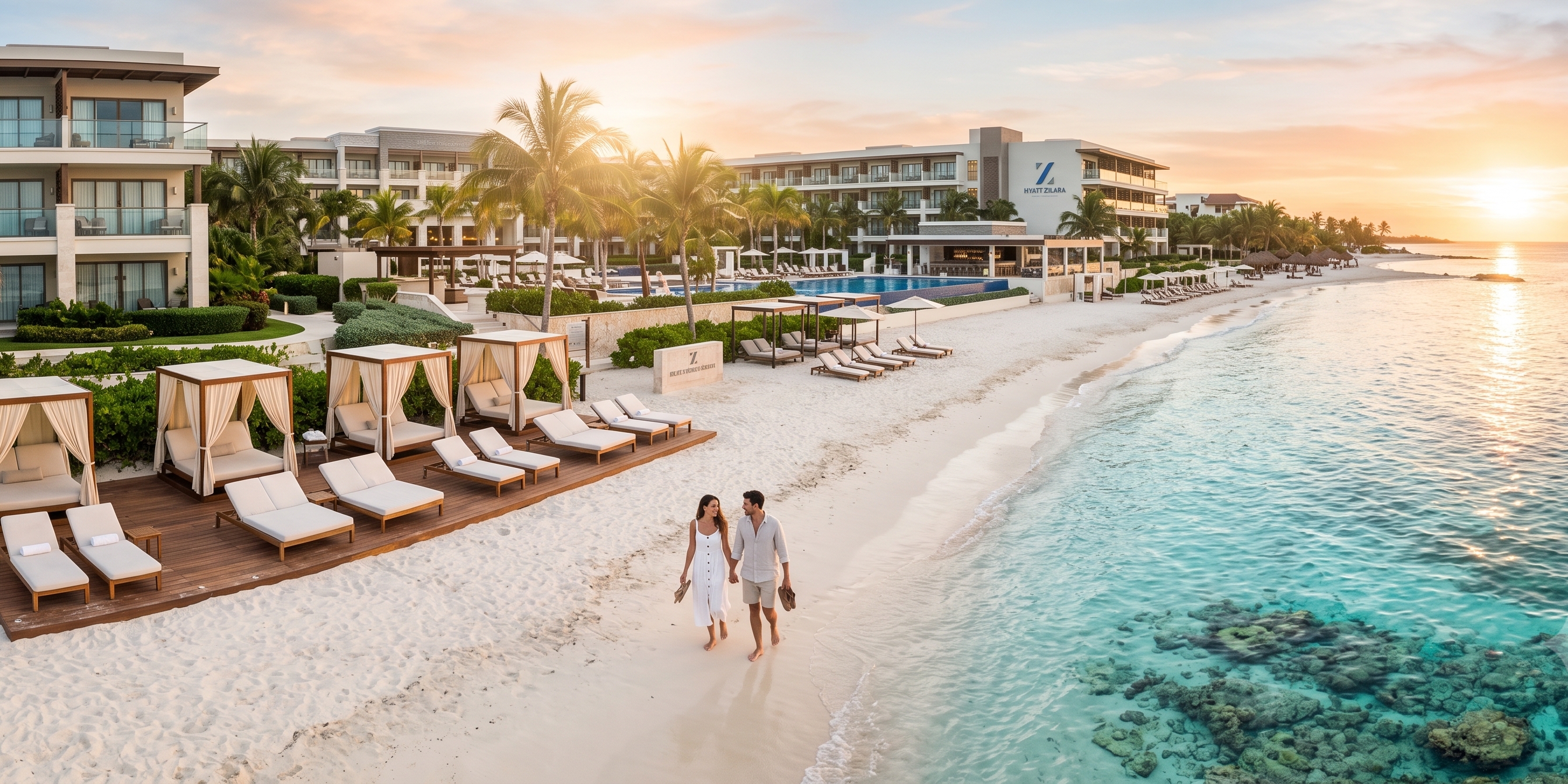 Adults-only resort pool deck overlooking calm Caribbean water near Puerto Morelos