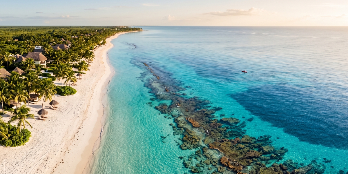 Cozumel pier extending over clear blue water with reef visible below