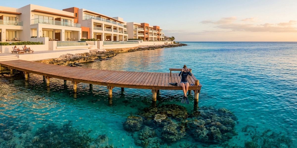 Cozumel resort with pier extending into clear Caribbean water for snorkeling access