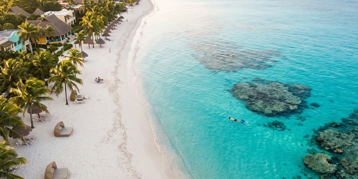 Beachfront hotel on Cozumel with calm water and reef snorkeling nearby