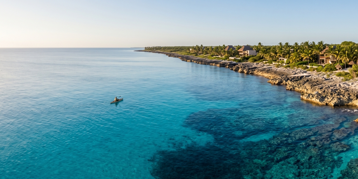 Clear Caribbean water near a Cozumel resort with reef visible below