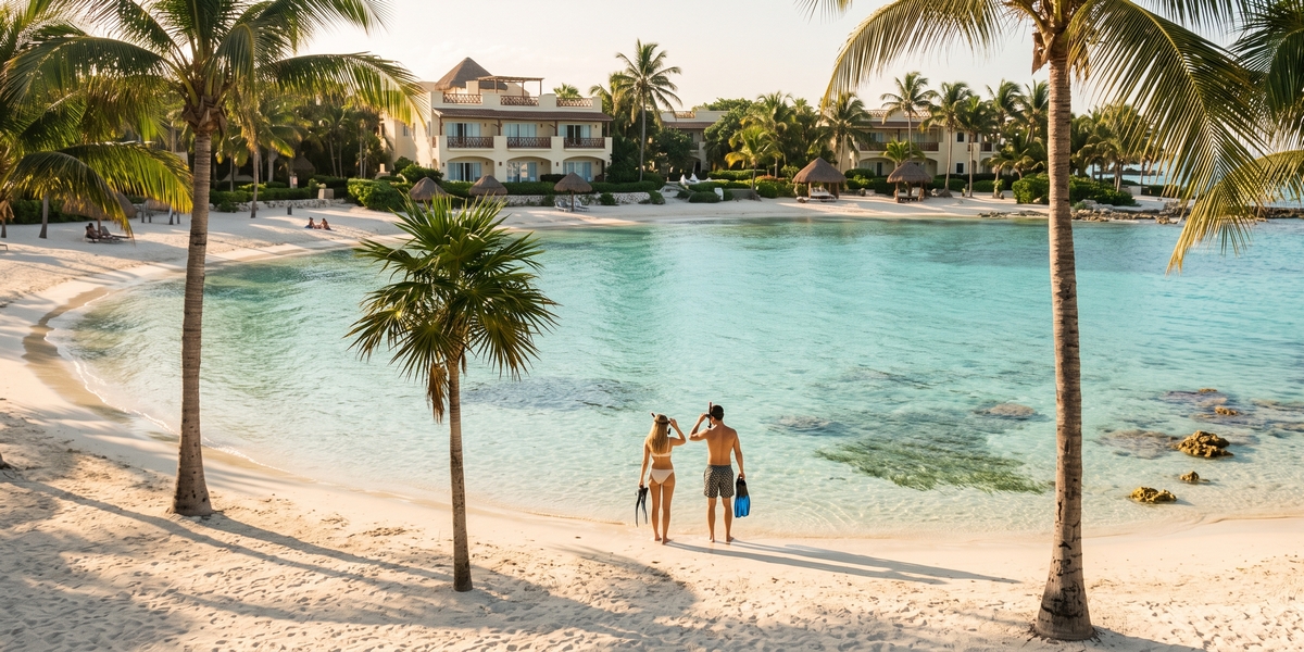 Mid-range hotel with beach access on Akumal bay and snorkeling area
