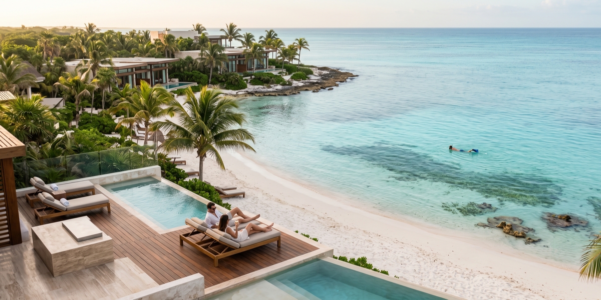 Wellness resort on Akumal bay with calm water and turtle snorkeling access