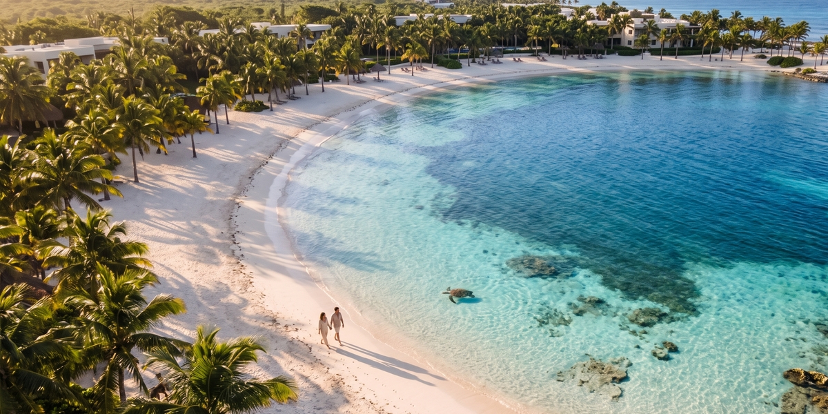 Aerial view of Riviera Maya coastline showing reef formation and clear water