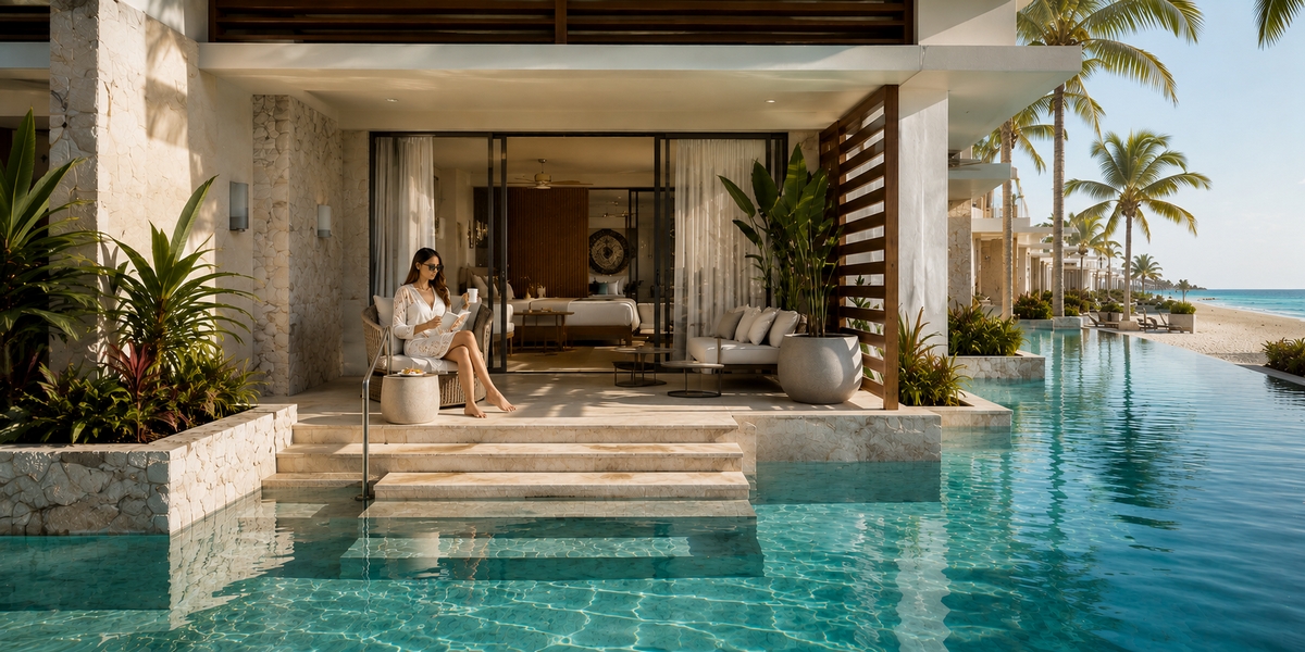 Live Aqua Beach Resort Cancun quieter swim-up suite visual for comparison