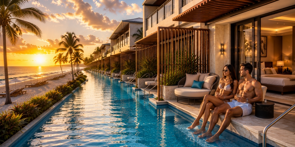 Swim-up room terrace opening onto a shared pool channel at a Cancun resort