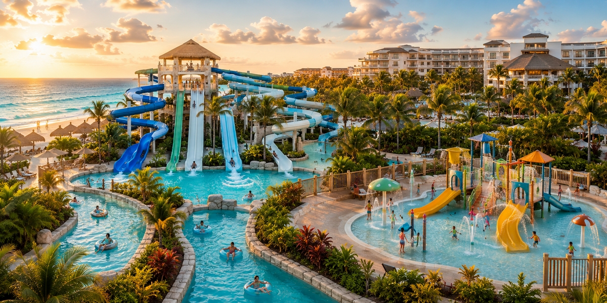 Resort water park slide tower and lazy river compared with a shallow splash pad play area